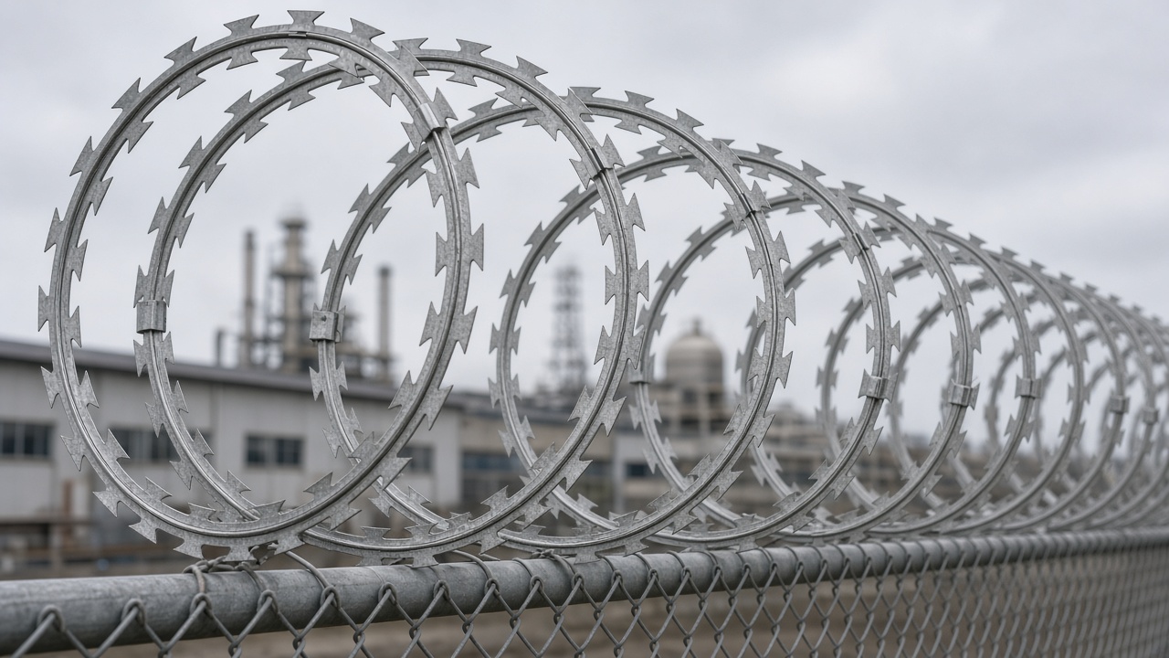 Galvanized concertina wire coils along a perimeter fence